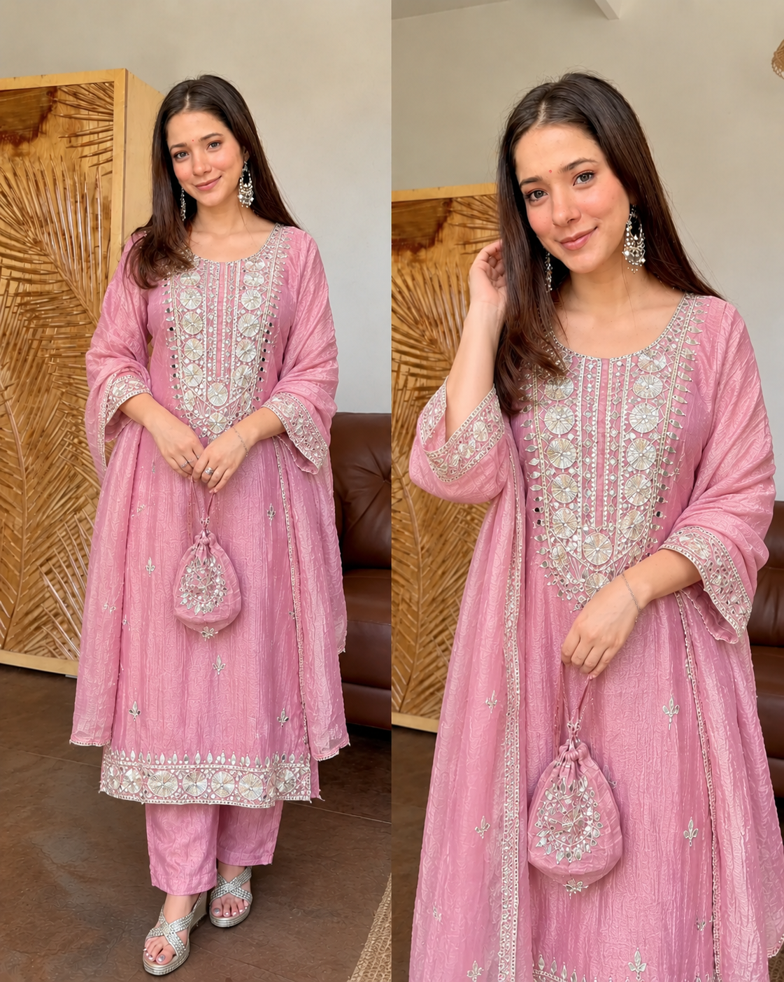 SAJDA METALLIC PINK PREMIUM SALSA FABRIC GOTTA WORK SUIT WITH POTLI