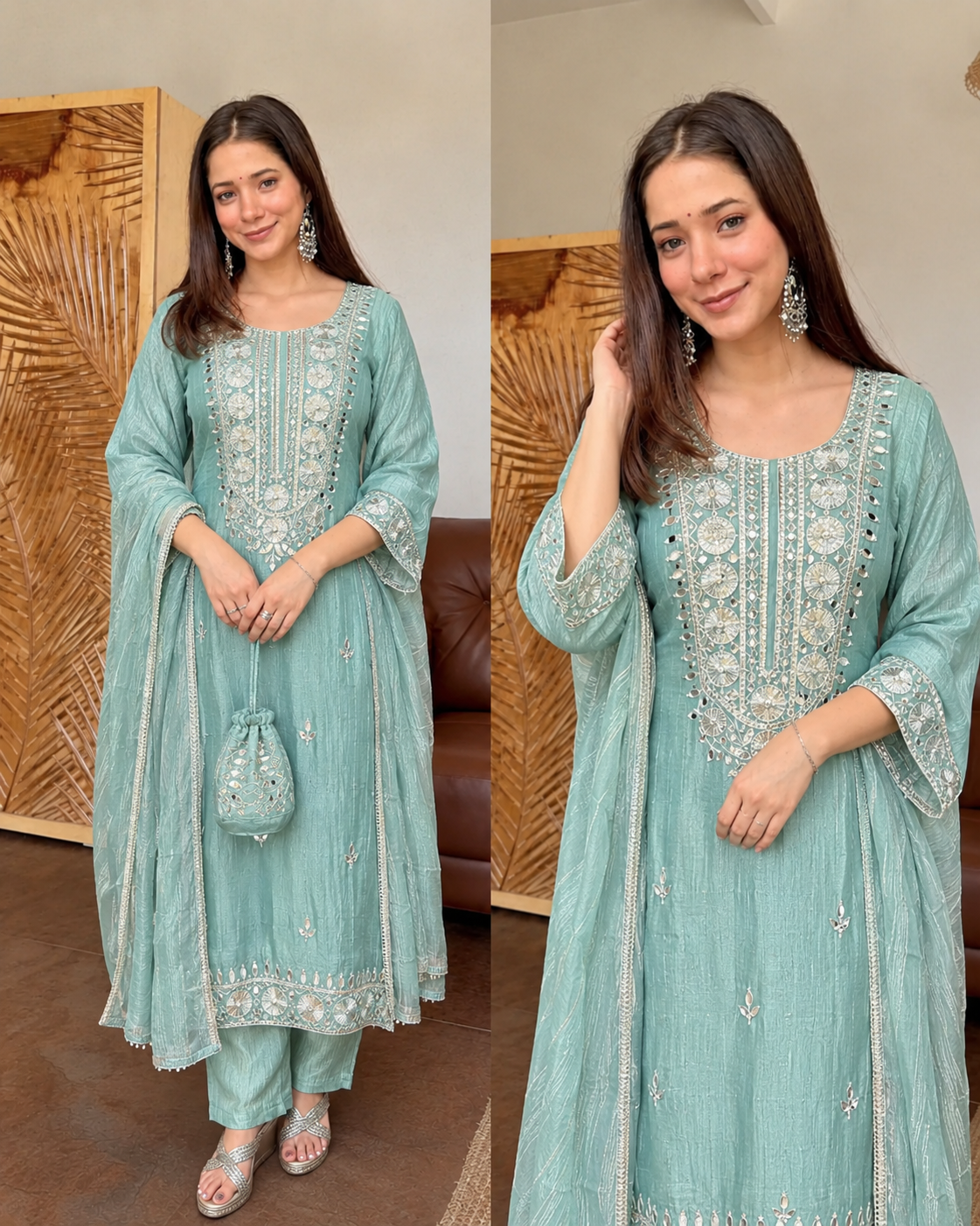 SAJDA METALLIC BLUE PREMIUM SALSA FABRIC GOTTA WORK SUIT WITH POTLI