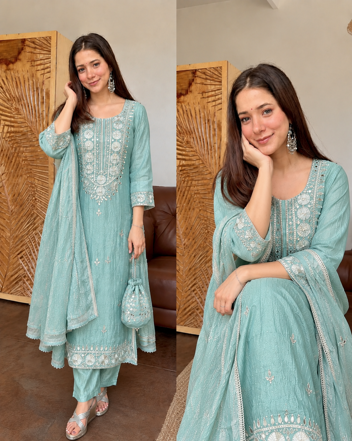 SAJDA METALLIC BLUE PREMIUM SALSA FABRIC GOTTA WORK SUIT WITH POTLI