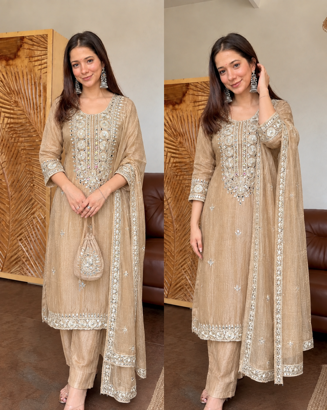 SAJDA METALLIC GOLD PREMIUM SALSA FABRIC GOTTA WORK SUIT WITH POTLI