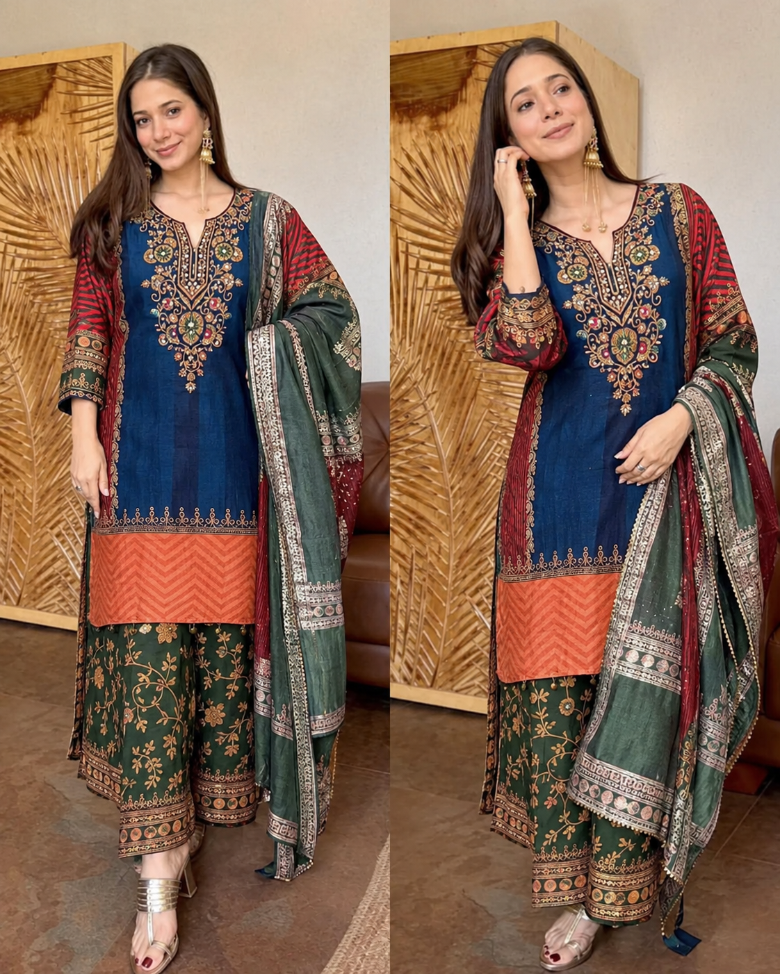 SHABBO NAVY BLUE DOLA SILK EMBROIDERED SUIT SET