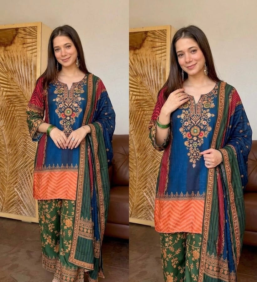 SHABBO NAVY BLUE DOLA SILK EMBROIDERED SUIT SET
