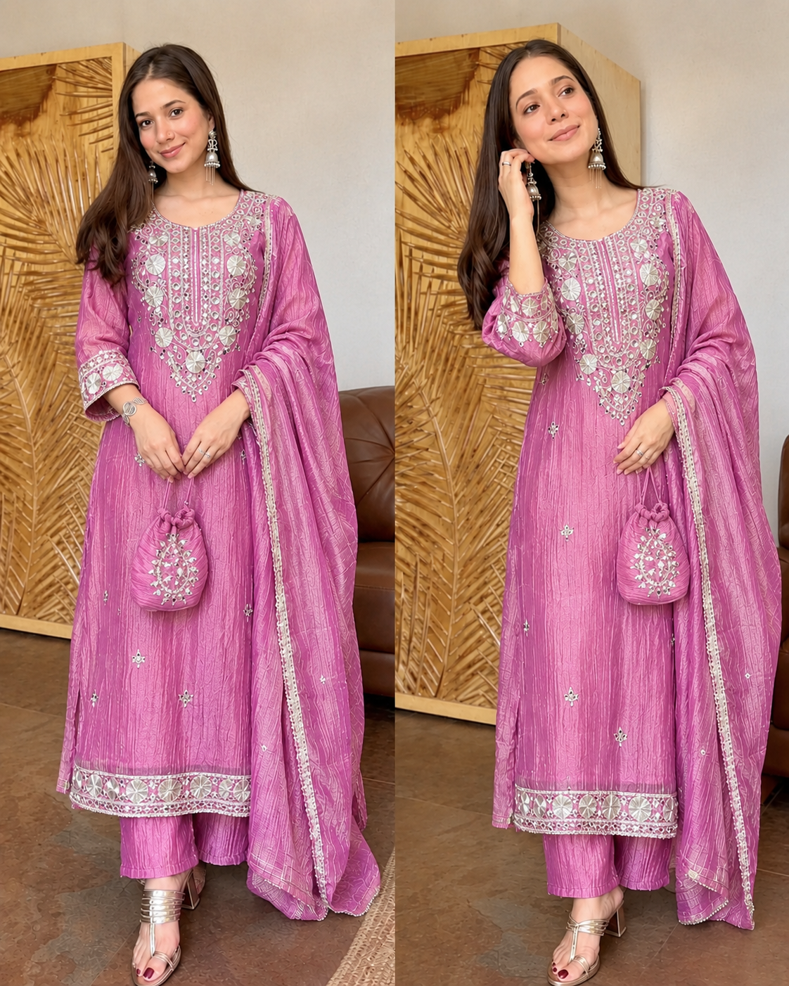 BARKAT ONION PINK PREMIUM SALSA FABRIC SUIT WITH POTLI