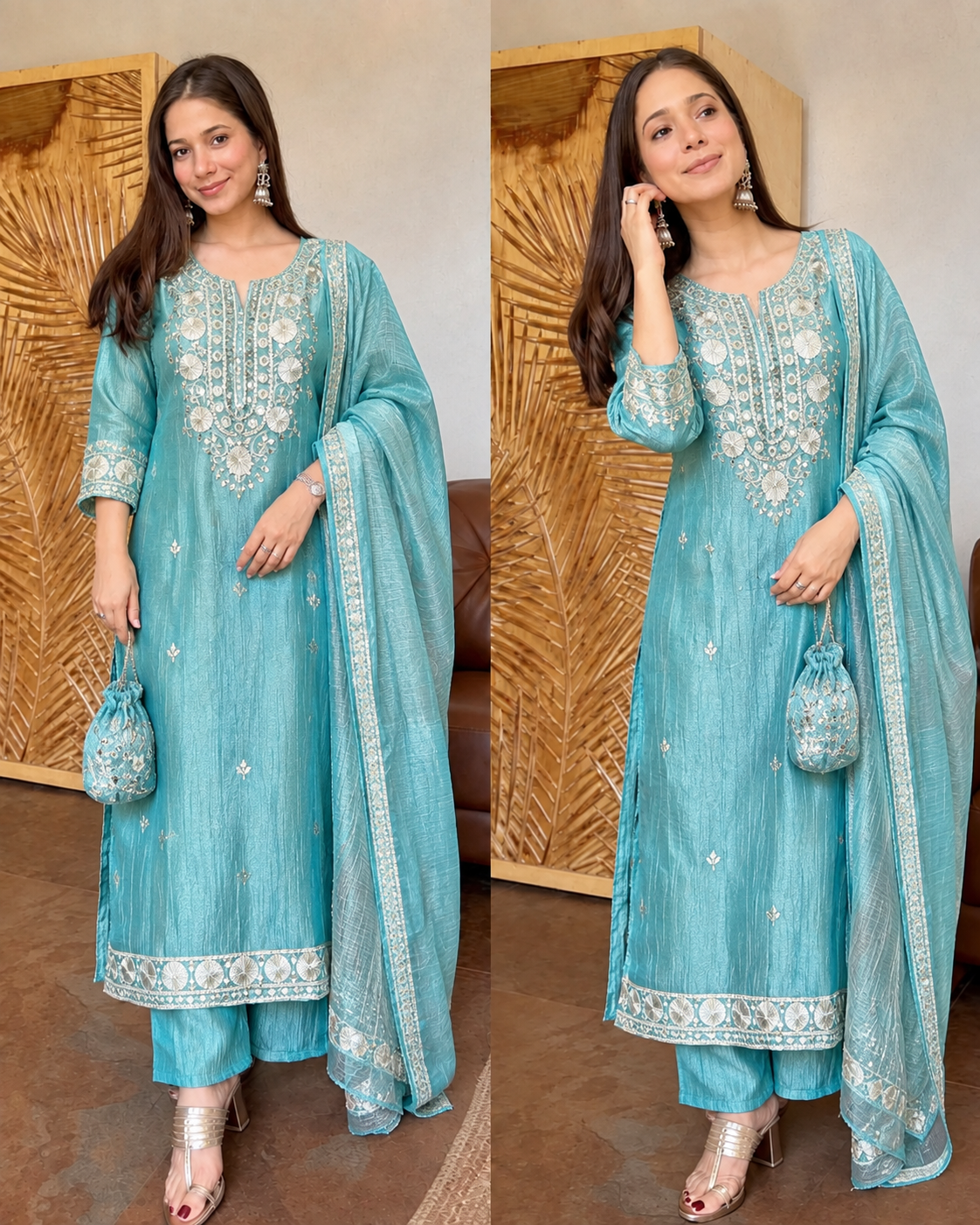 BARKAT BLUE PREMIUM SALSA FABRIC SUIT WITH POTLI