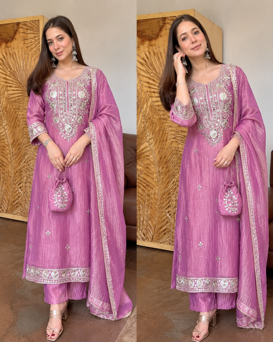BARKAT ONION PINK PREMIUM SALSA FABRIC SUIT WITH POTLI