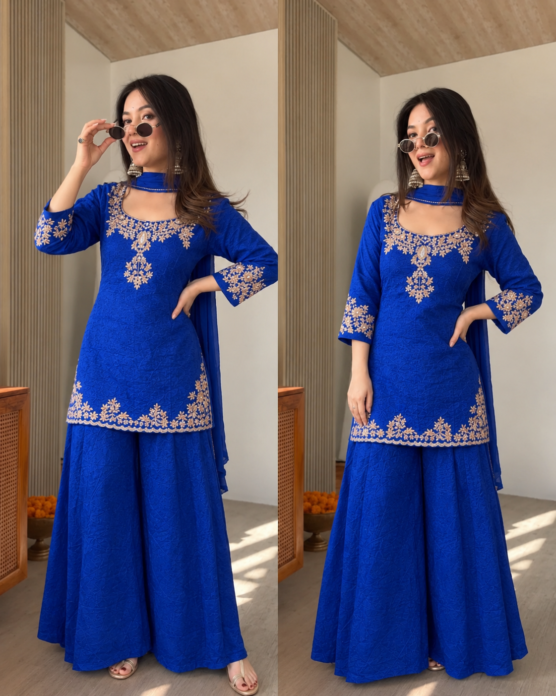 SAAZ ROYAL BLUE PURE DOLA SILK HANDWORK SUIT SET