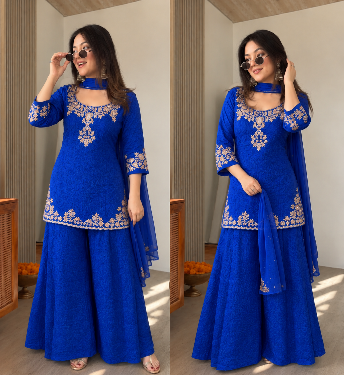 SAAZ ROYAL BLUE PURE DOLA SILK HANDWORK SUIT SET