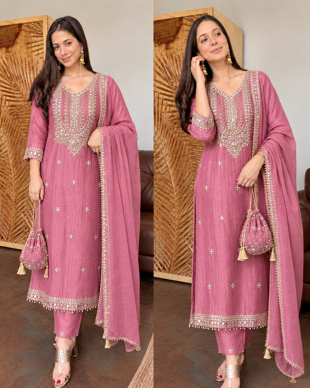 FARZANA ONION PINK REMIUM TISSUE FABRIC GOTTA WORK SUIT WITH POTLI