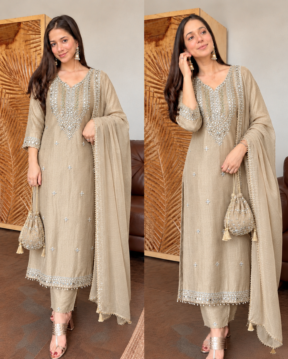 FARZANA BEIGE PREMIUM TISSUE FABRIC GOTTA WORK SUIT WITH POTLI