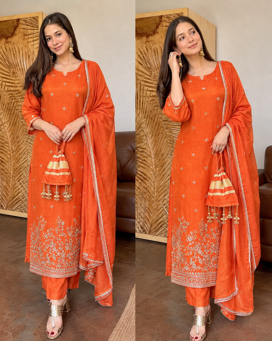 MISHRI RUST ORANGE PREMIUM TISSUE SUIT SET WITH POTLI