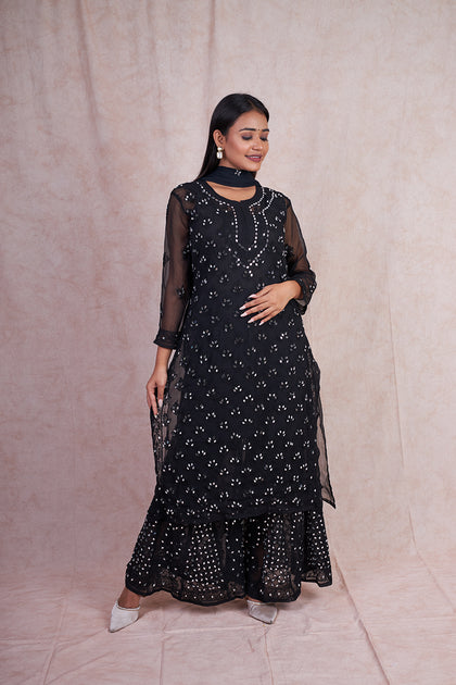 FANHA CHIKANKARI BLACK 3 PIECE GEORGETTE MIRROR SET