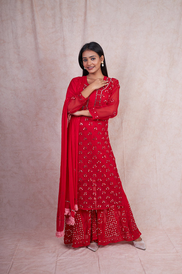 FANHA CHIKANKARI RED 3 PIECE GEORGETTE MIRROR SET