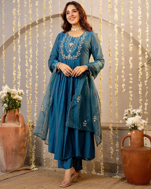NOOR OCEAN TEAL CHANDERI  SUIT SET