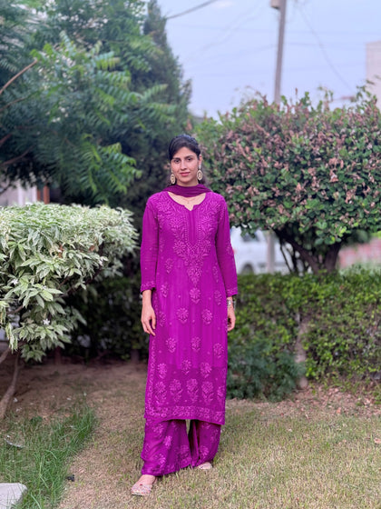 SWATI PREMIUM VISCOSE GEORGETTE 3D WORK PURPLE STRAIGHT KURTA SET