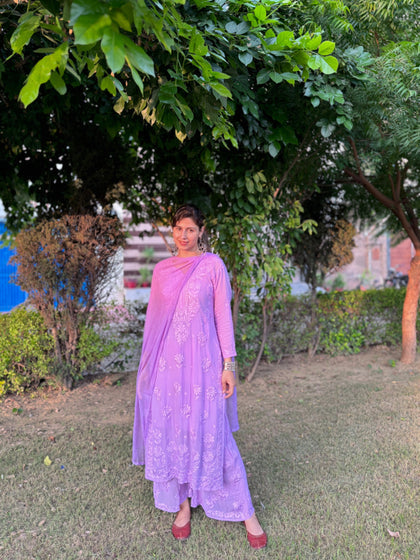 SWATI PREMIUM VISCOSE GEORGETTE 3D WORK LAVENDER STRAIGHT KURTA SET