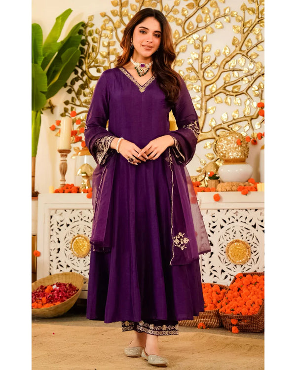MIRHA PURPLE HANDWORK RUSSIAN SILK A-LINE SUIT SET