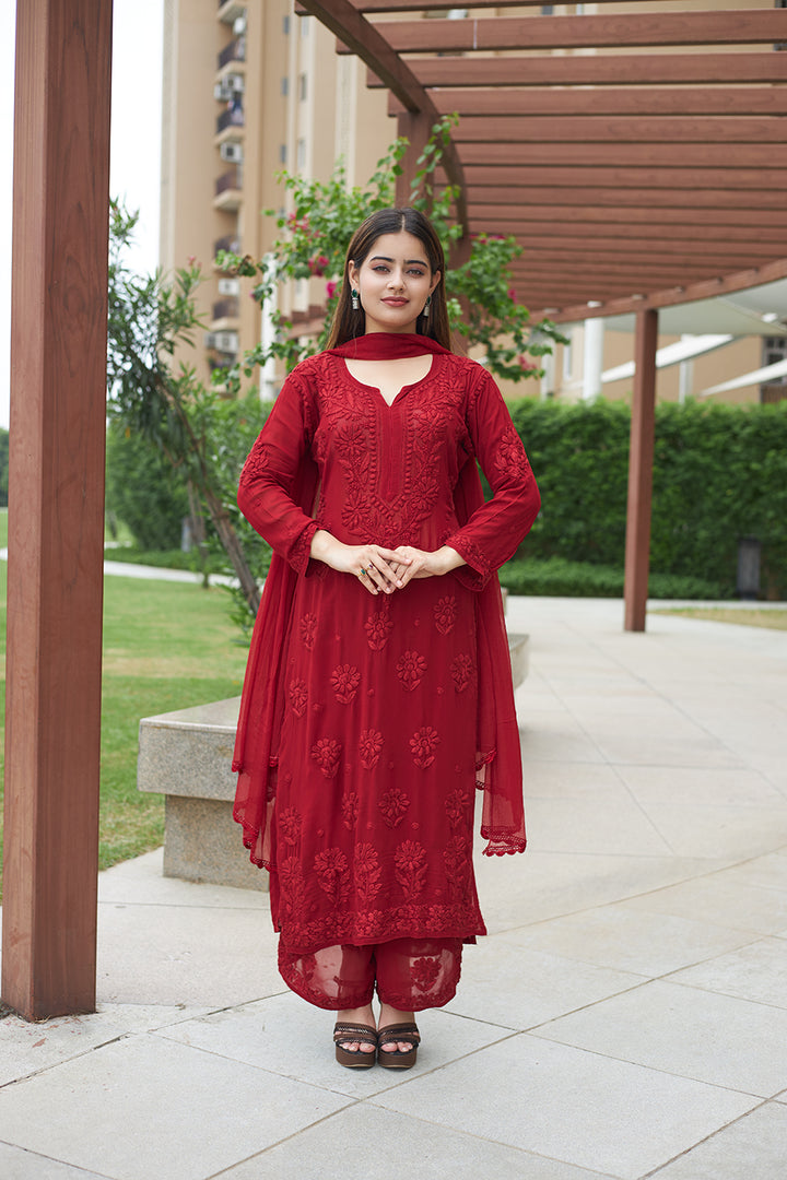 SWATI PREMIUM VISCOSE GEORGETTE 3D WORK MAROON STRAIGHT KURTA SET