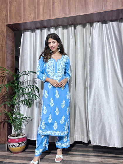 MEHER CHIKANKARI PREMIUM MODAL KURTA AND PALAZZO SET - Ethnic Naari