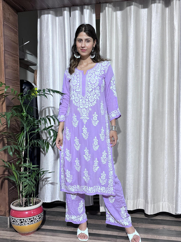 MEHER LAVENDER PREMIUM MODAL CHIKANKARI KURTA AND PALAZZO SET