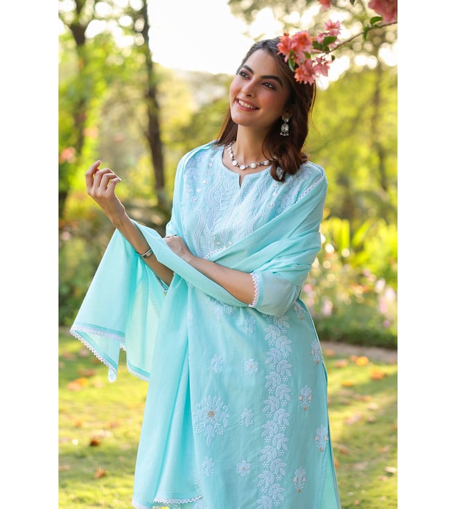 SARGAM AQUA PURE MUL COTTON CHIKANKARI SUIT SET
