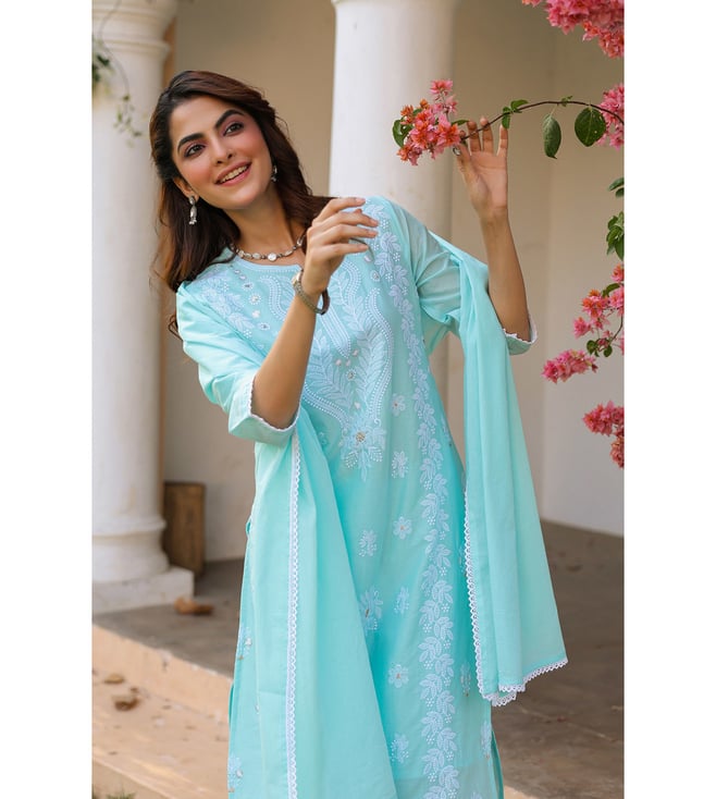 SARGAM AQUA PURE MUL COTTON CHIKANKARI SUIT SET