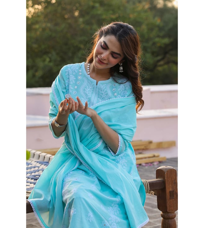 SARGAM AQUA PURE MUL COTTON CHIKANKARI SUIT SET