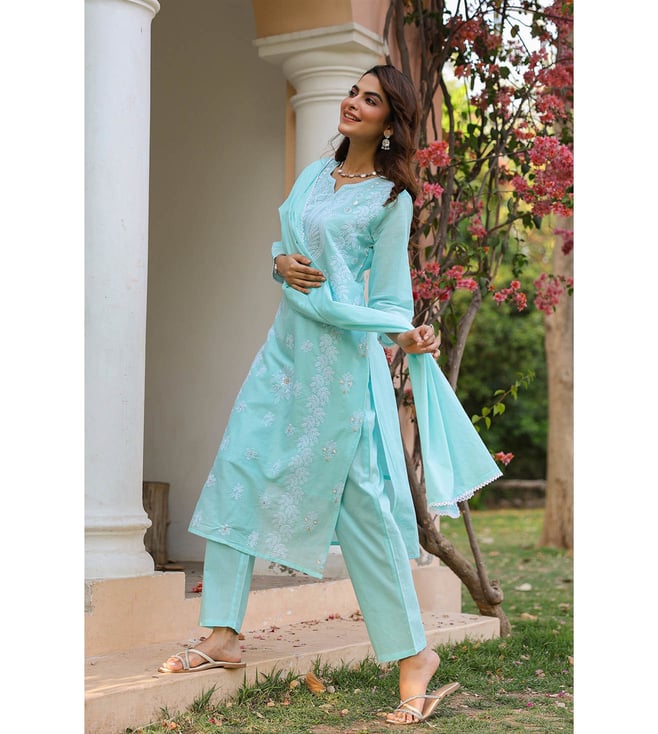 SARGAM AQUA PURE MUL COTTON CHIKANKARI SUIT SET