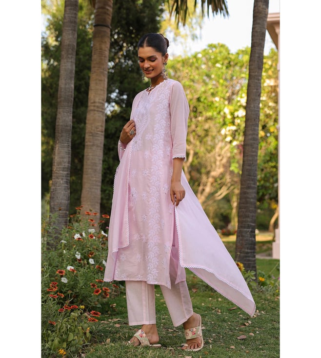 SARGAM PINK PURE MUL COTTON CHIKANKARI SUIT SET