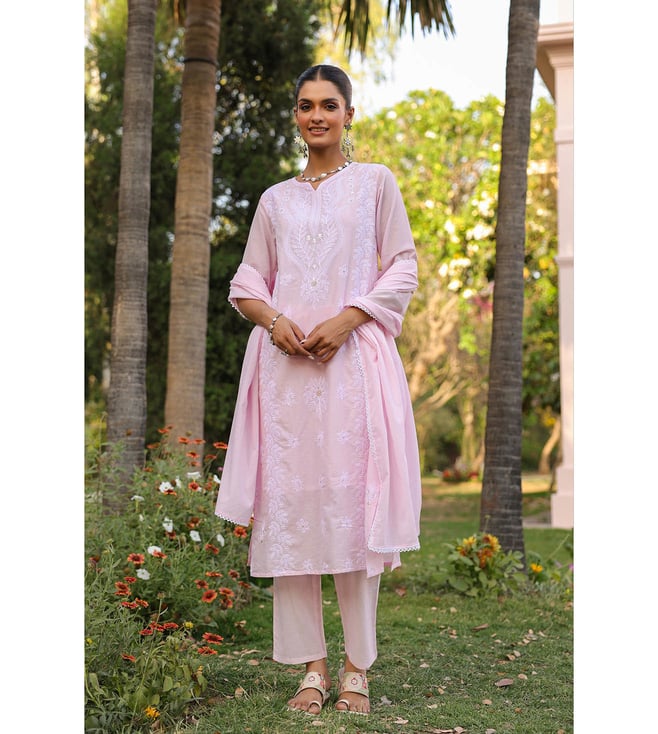 SARGAM PINK PURE MUL COTTON CHIKANKARI SUIT SET