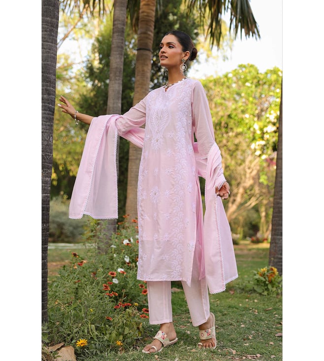 SARGAM PINK PURE MUL COTTON CHIKANKARI SUIT SET