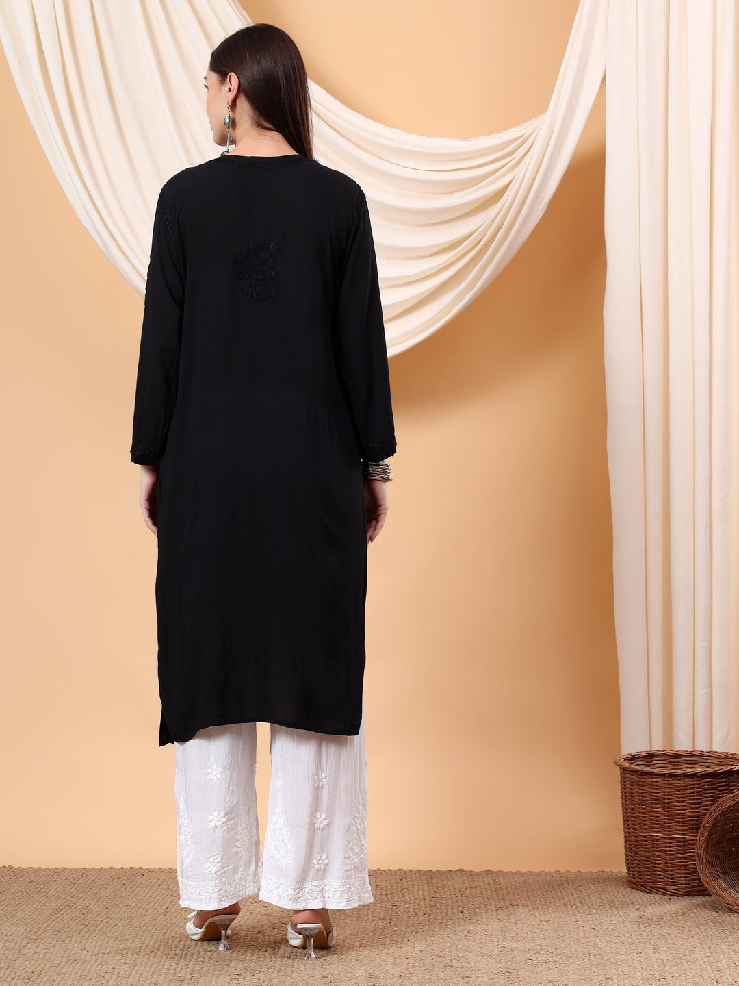 JAHNVI BLACK DYED PREMIUM MODAL CHIKANKARI LONG KURTA