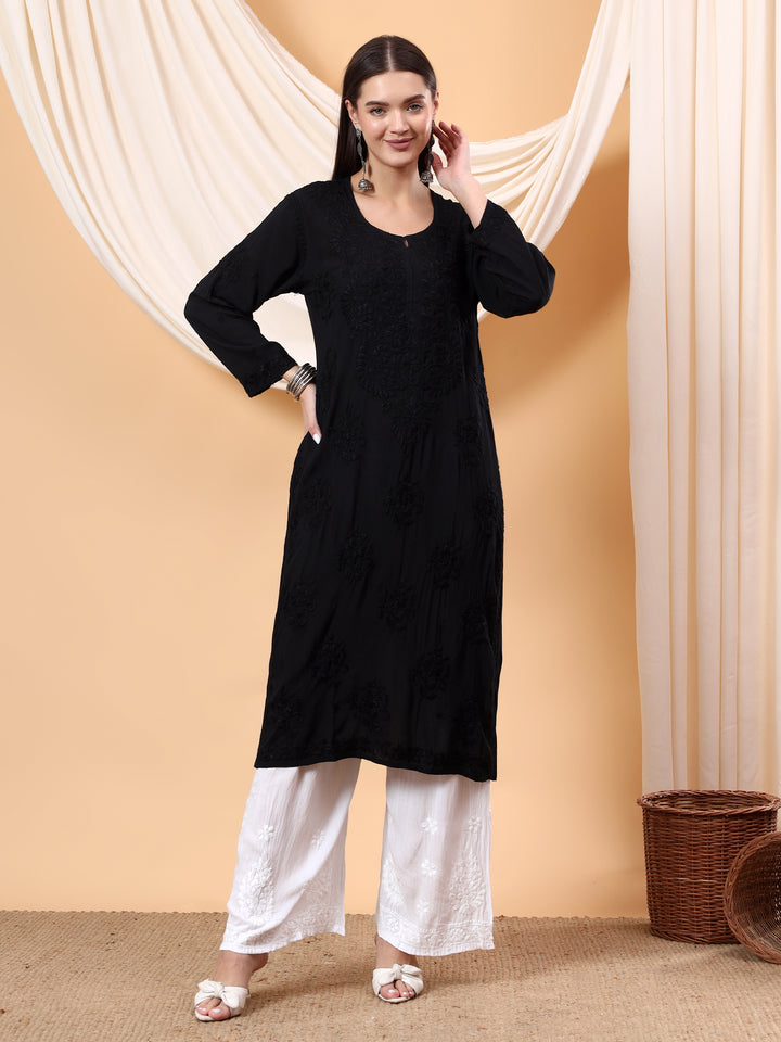 JAHNVI BLACK DYED PREMIUM MODAL CHIKANKARI LONG KURTA