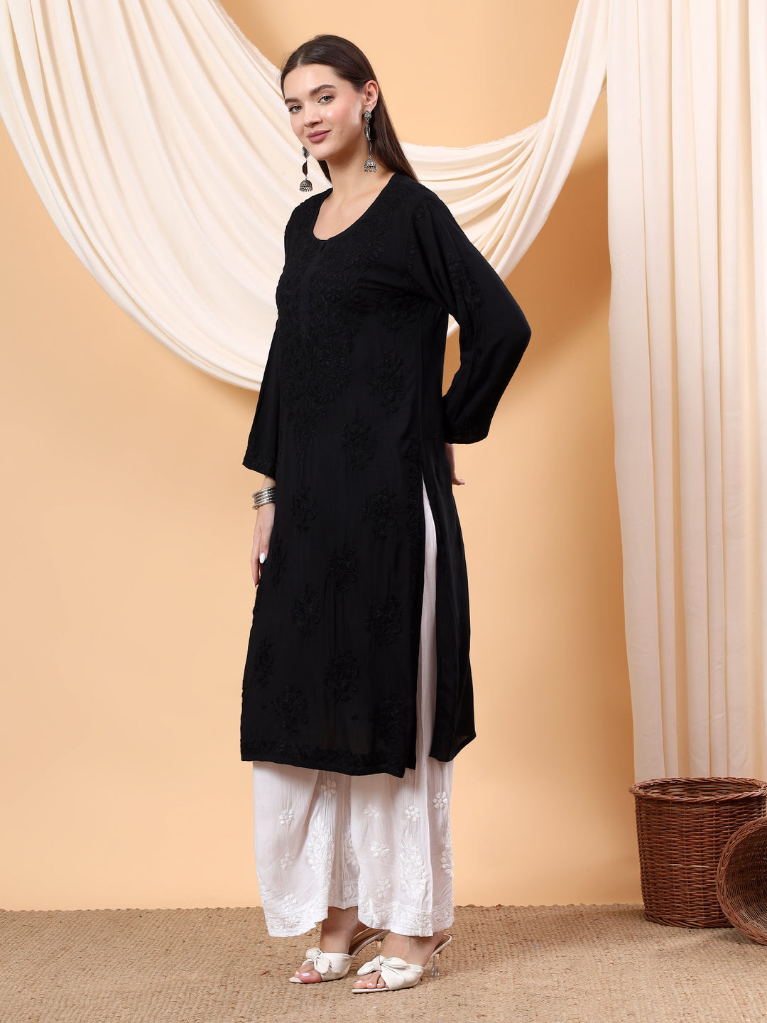 JAHNVI BLACK DYED PREMIUM MODAL CHIKANKARI LONG KURTA