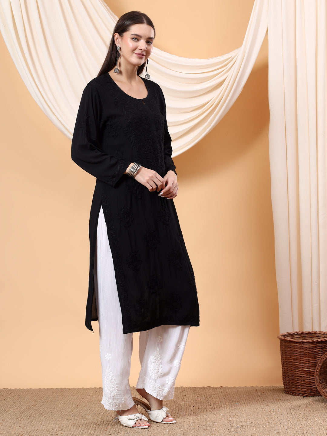 JAHNVI BLACK DYED PREMIUM MODAL CHIKANKARI LONG KURTA