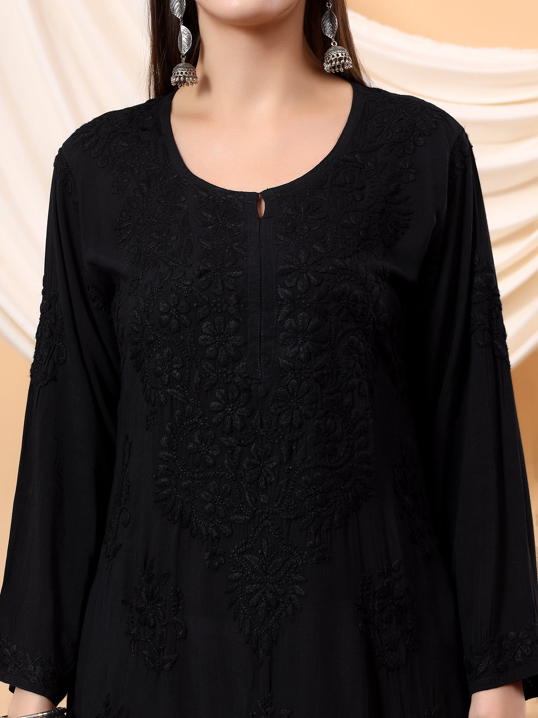 JAHNVI BLACK DYED PREMIUM MODAL CHIKANKARI LONG KURTA