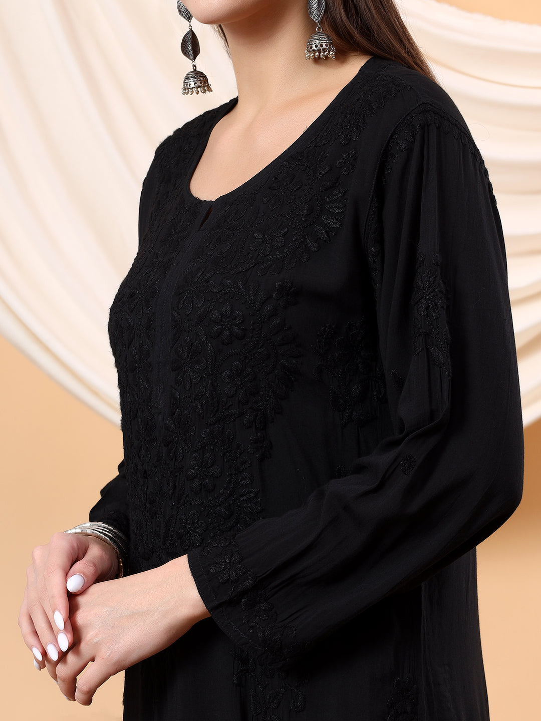 JAHNVI BLACK DYED PREMIUM MODAL CHIKANKARI LONG KURTA