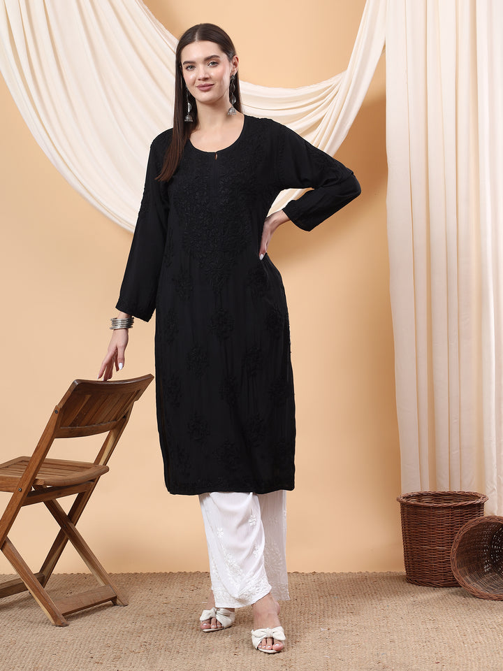 JAHNVI BLACK DYED PREMIUM MODAL CHIKANKARI LONG KURTA