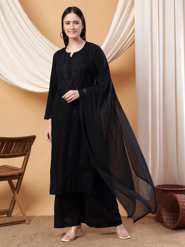 FARHAA CHIKANKARI BLACK 3 PIECE RAYON OMBRE DYED SET