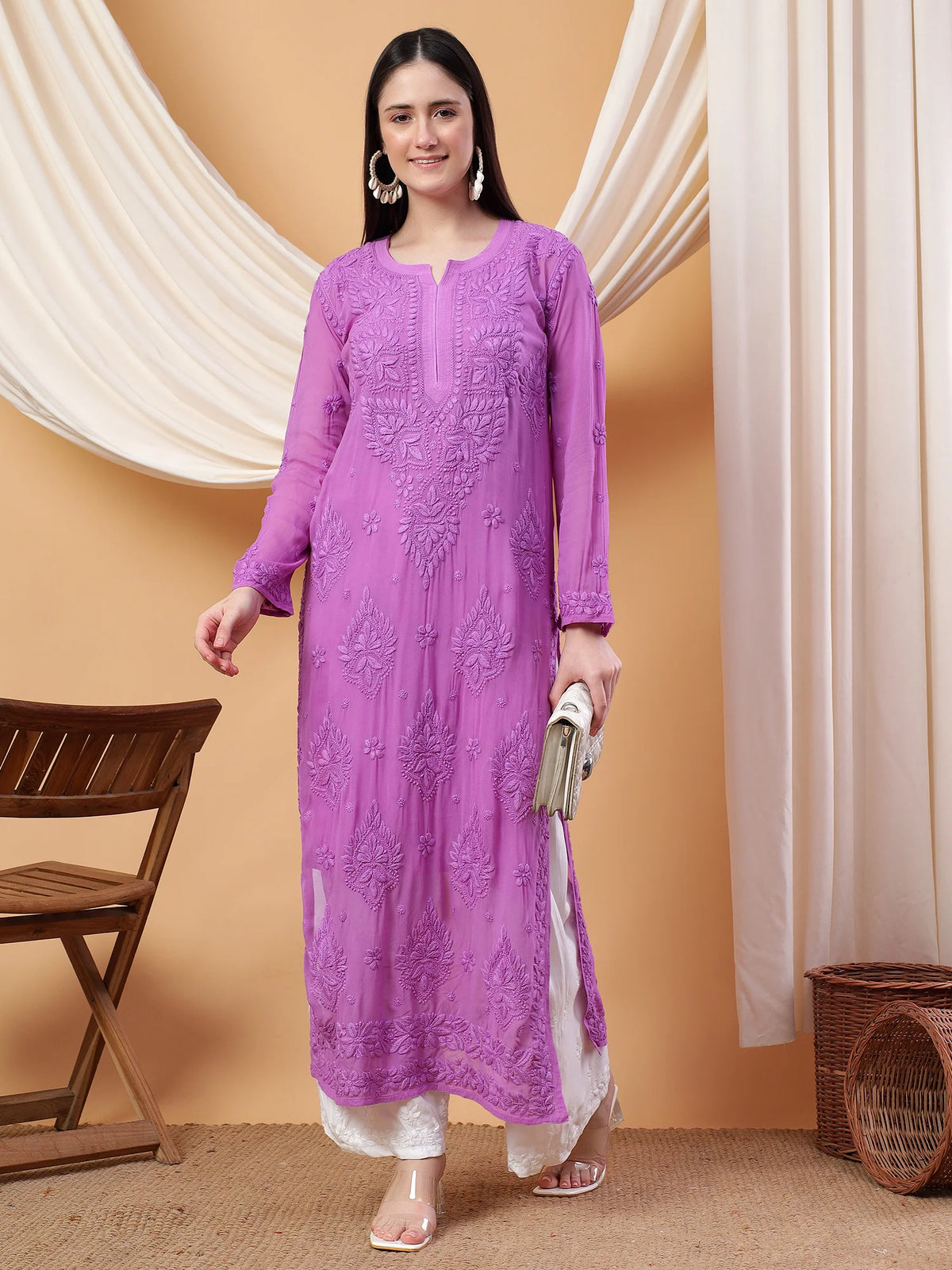 DIVYA PREMIUM VISCOSE PURE HAND EMBROIDERED CHIKANKARI LONG KURTA