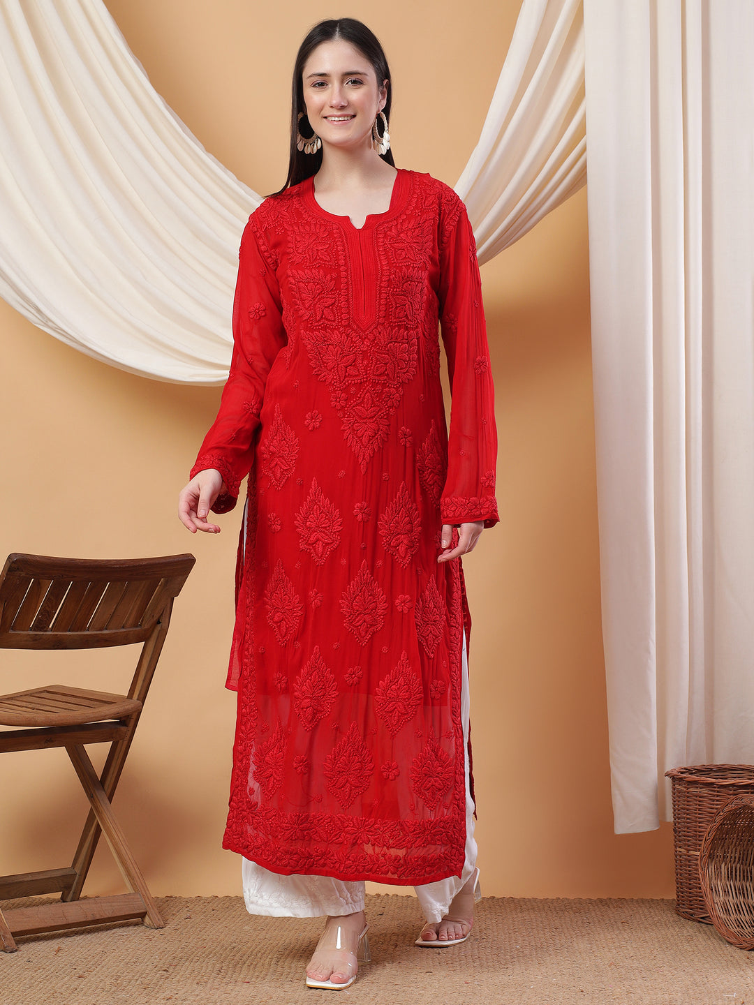 DIVYA PREMIUM VISCOSE PURE HAND EMBROIDERED CHIKANKARI LONG KURTA