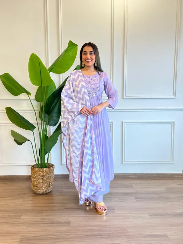 SAIRA PURE CHINON LILAC ANARKALI SUIT SET