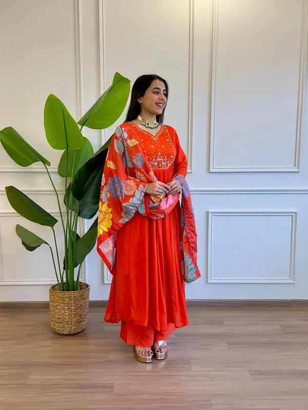 RAAHI PURE CHINON ORANGE ANARKALI SUIT SET