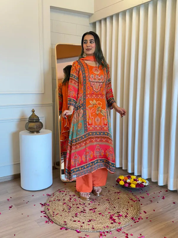 FIROSA ORANGE PURE CHINON PAKISTANI A-LINE 3 PIECE SUIT SET