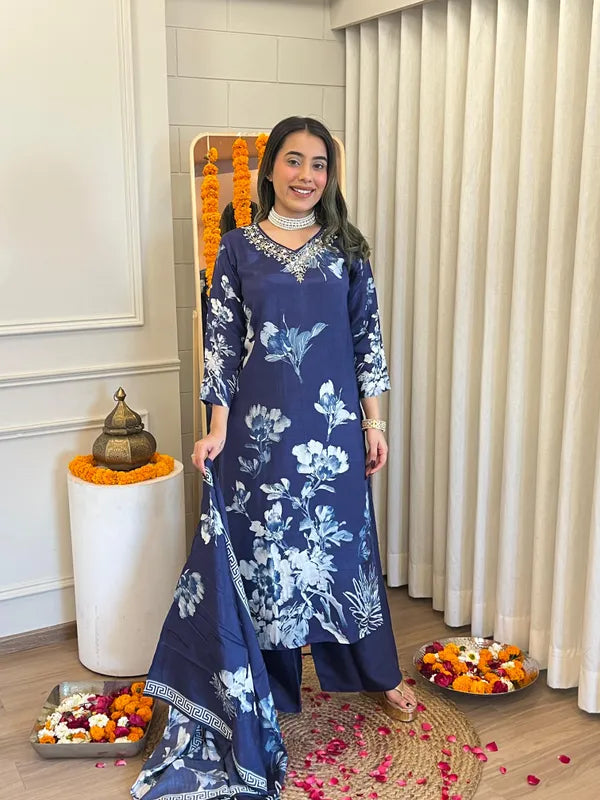 AFREEN BLUE PURE MUSLIN A-LINE SUIT SET