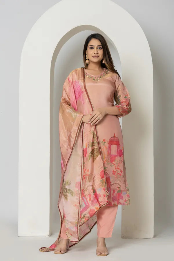 FIDA PEACH PURE TISSUE SILK SUIT SET