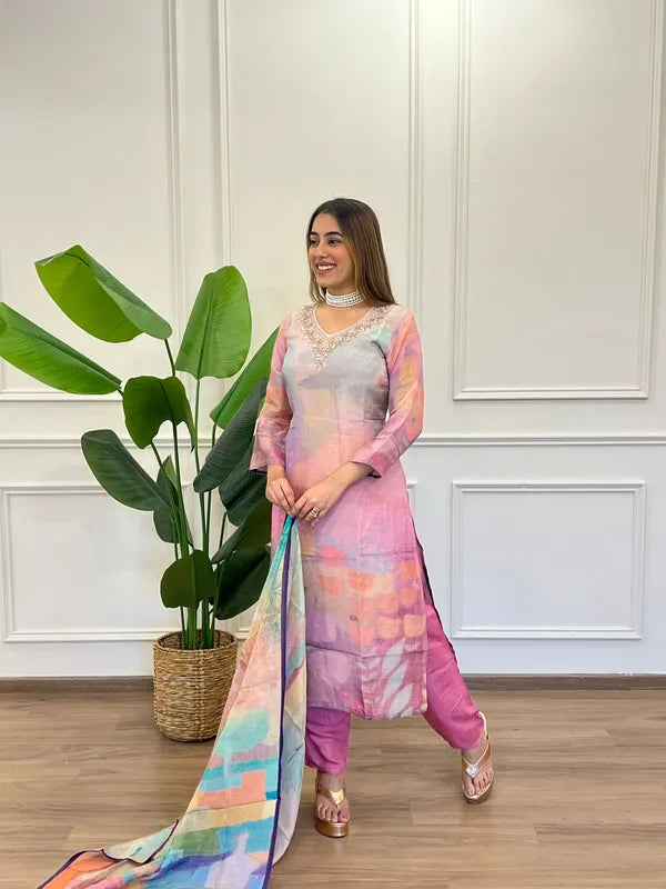 MARIA MULTICOLOR PURE TISSUE SILK PRINTED SUIT SET