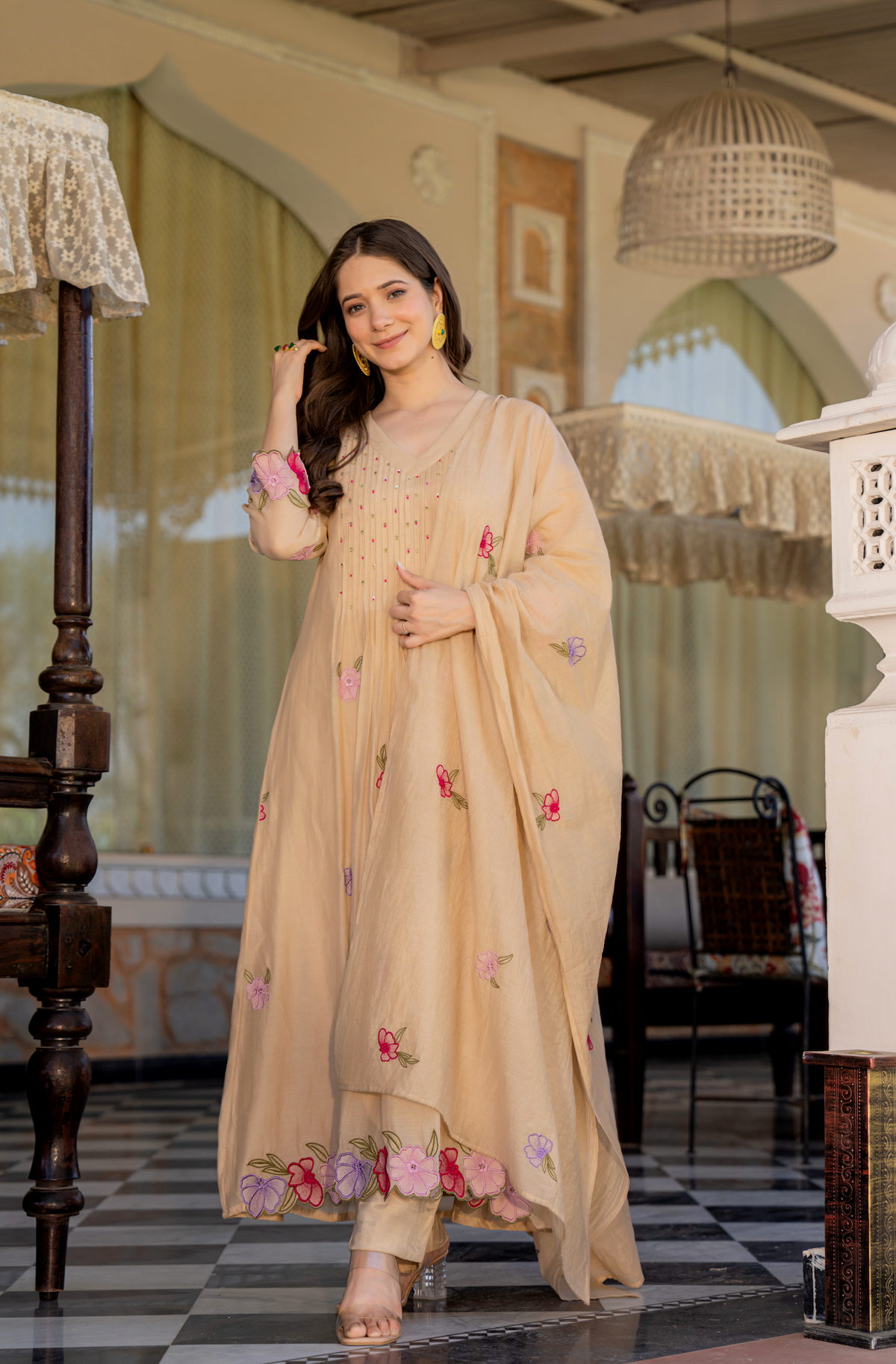 GUNJAN SANDSTONE PURE CHANDERI EMBROIDERED SUIT SET