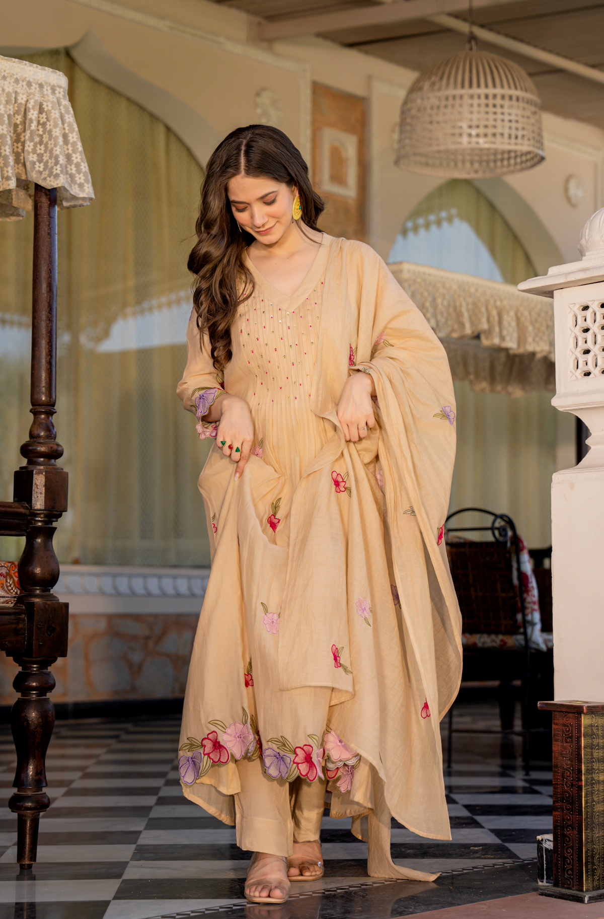 GUNJAN SANDSTONE PURE CHANDERI EMBROIDERED SUIT SET