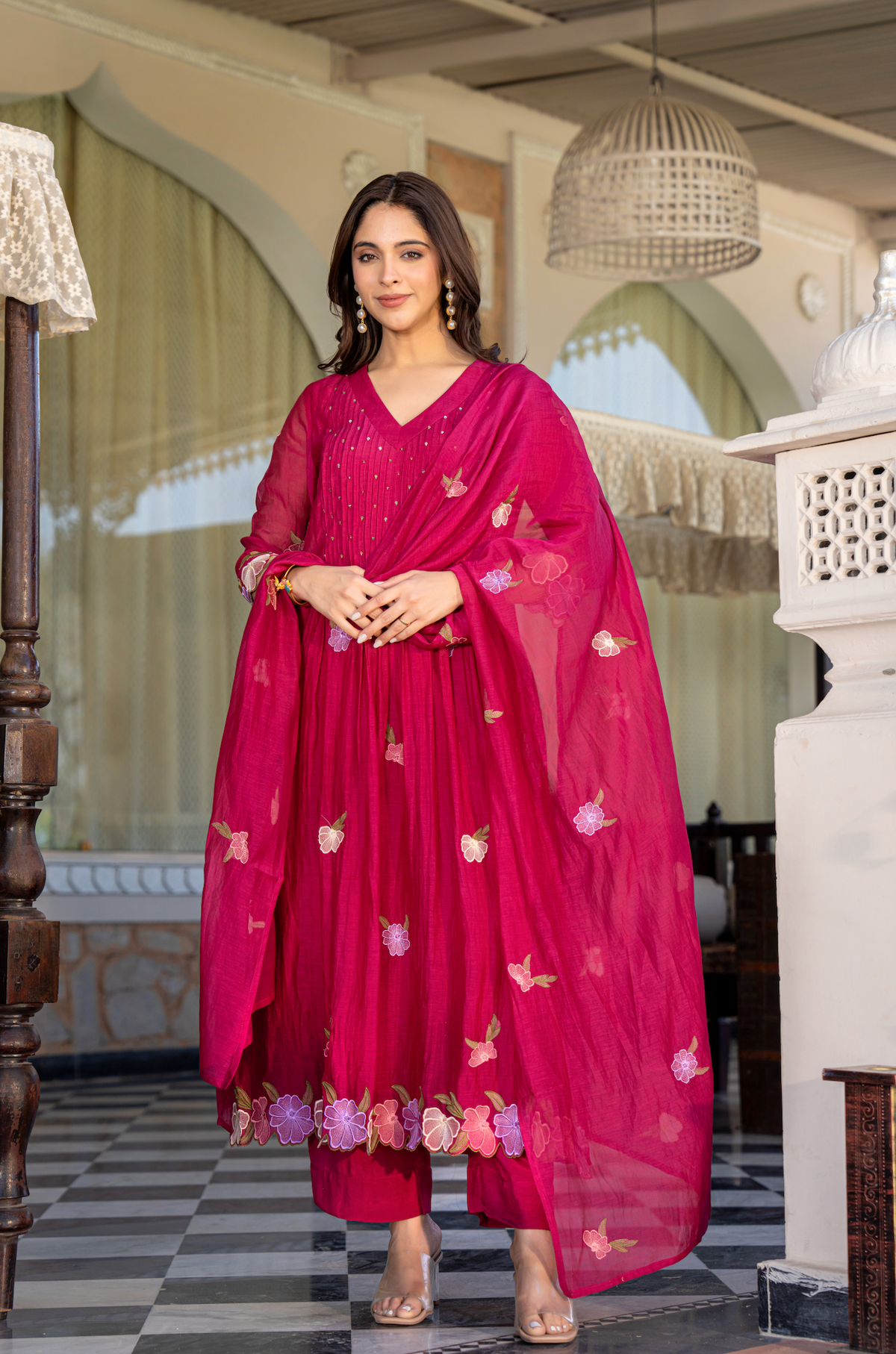 GUNJAN RANI PINK PURE CHANDERI EMBROIDERED SUIT SET