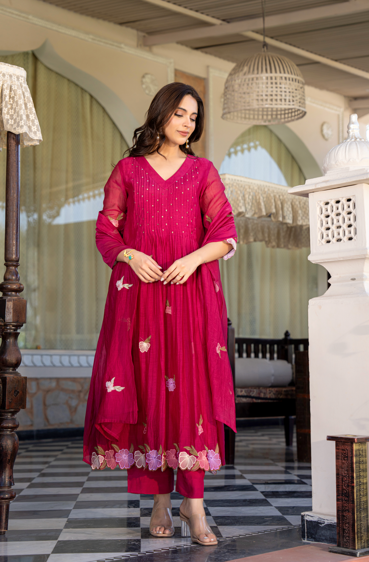 GUNJAN RANI PINK PURE CHANDERI EMBROIDERED SUIT SET